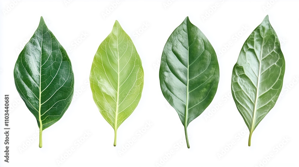 Poster various types of green leaves displayed side by side showcasing different shades and textures in nat