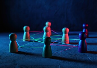 Network concept with wooden pawns connected by colorful strings under neon lights, ideal for technology and communication themes