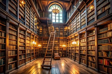 Fototapeta premium Captivating Library Scene Featuring Towering Bookshelves and a Wooden Ladder Inviting Exploration of Literary Treasures and Knowledge in a Serene Environment