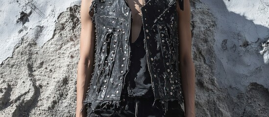 A punk-style vest with exaggerated slashes and holes, adorned with metal studs, gritty urban backdrop