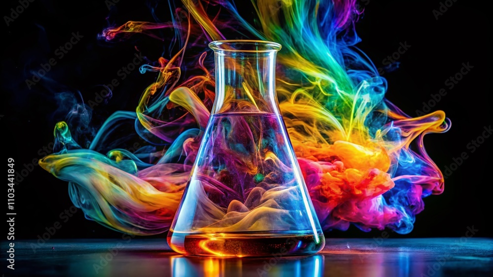 Poster captivating long exposure of a chemical reaction in a beaker with colorful swirls and bubbles, showc