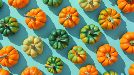 Pumpkins pattern on turquoise background. Orange and green pumpkins, halloween or autumn concept.