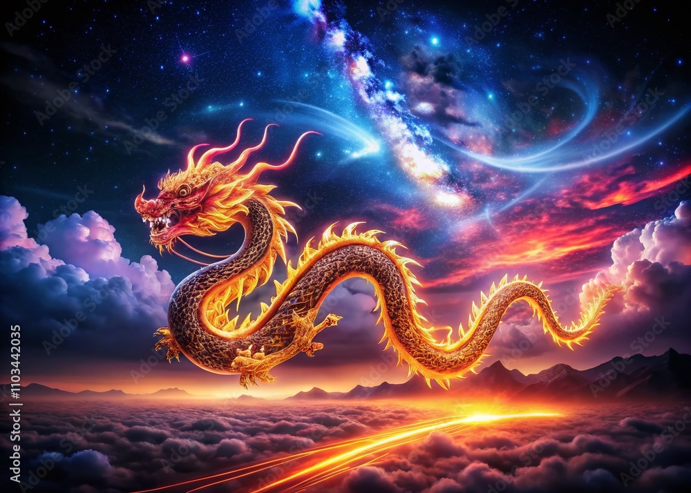 Poster captivating long exposure of a dragon symbol illuminated at night, merging mystical elements with dy