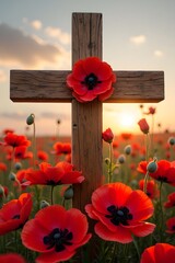 Wooden cross surrounded by vibrant red poppies at sunset in a serene field