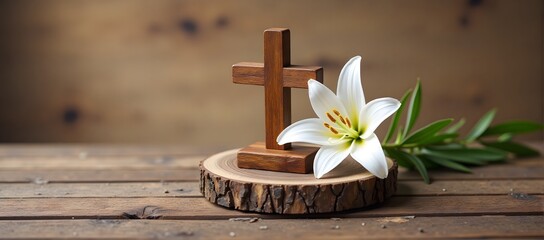 Fototapeta premium Wooden cross with white lily on rustic wooden table