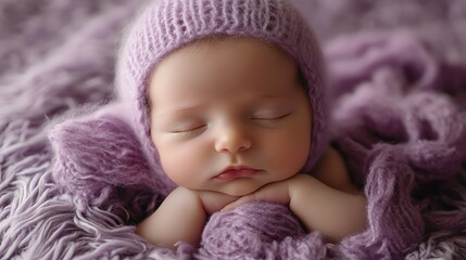 A sleeping newborn baby in a purple knitted blanket.