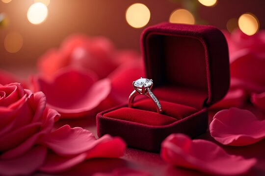 Elegant diamond engagement ring in velvet box surrounded by romantic red rose petals
