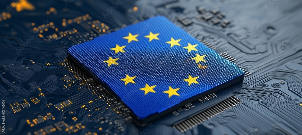Poster digital europe eu flag symbolizes data integration and tech innovation on circuit board