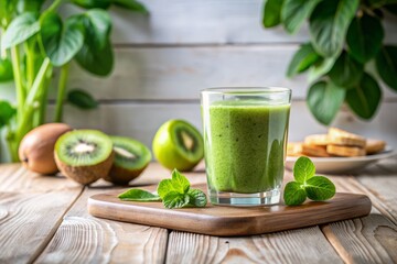 Refreshing Spinach and Kiwi Smoothie in a Minimalist Setting with Natural Light and Clean Lines, Emphasizing Fresh Ingredients and Healthy Lifestyle Choices for Stock Photography