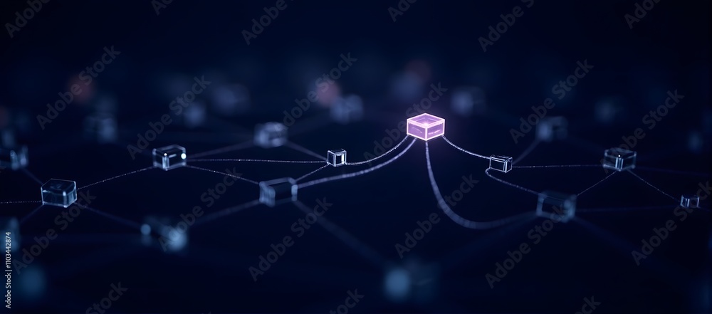 Poster Digital network with glowing node in abstract blockchain concept