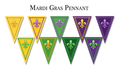 Triangular Mardi Gras pennants, flags, bunting for holiday celebration, decoration with Fleur de Lis symbol, masks, beads. Design element in vintage style