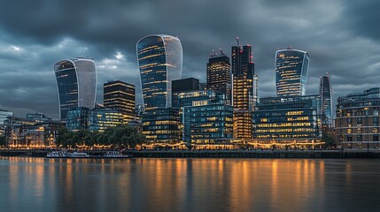Fototapeta premium London skyline with skyscrapers at dusk.