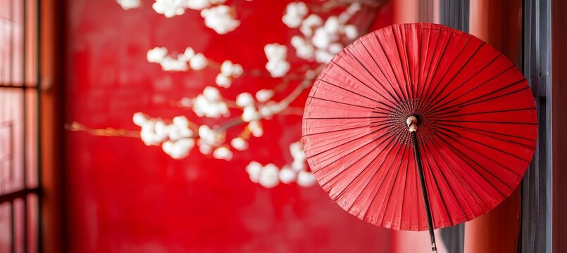 Traditional Japanese Red Parasol Against Red Wall With White Flowers, Cultural Decoration - Powered by Adobe