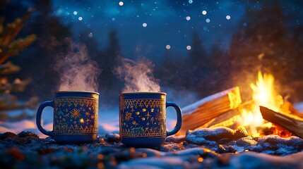 Clinking enamel mugs of mulled wine by a crackling fire, a starry sky overhead, Canon camera capturing sharp details of the mugs, steam, and warm firelight,