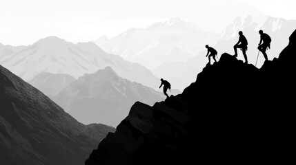 Silhouette of climbers who climbed to the top of the mountain thanks to mutual assistance and teamwork