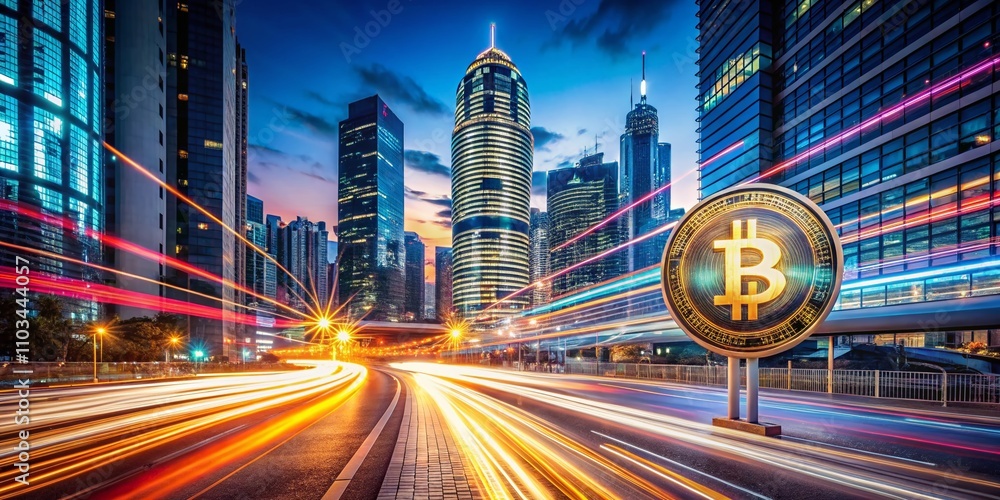 Poster captivating long exposure photography of bitcoin symbol illuminated in a modern cityscape at night w