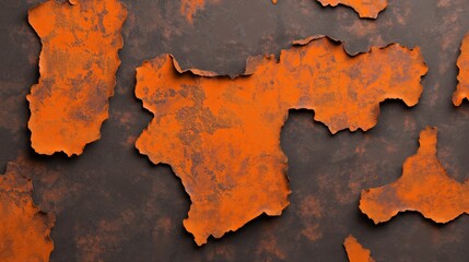 Abstract image of orange textured paper resembling peeling paint on a dark brown grunge surface with irregular shapes and rough edges