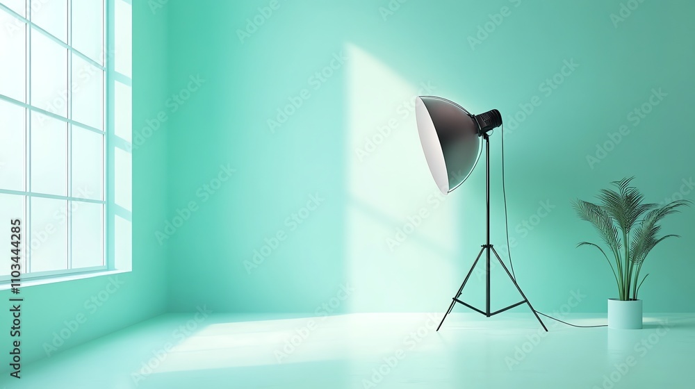 Poster a simple photo studio set up with two lights and a green backdrop.