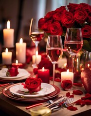 Close-up of a beautifully set candlelit dinner table for two, with wine glasses, red roses, and heart-shaped decorations, creating an intimate, warm ambiance for Valentine&rsquo;s Day