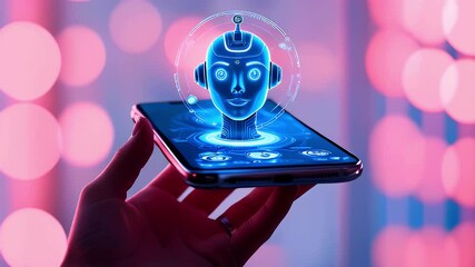 A hand holding a smartphone displaying a holographic AI face with digital elements. - Powered by Adobe