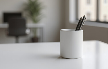 A blank, matte finish pen holder with a cylindrical shape sits on a sleek, white office desk