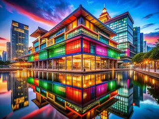 Obraz premium Captivating Low Light Photography of a Colorful Modern Building Showcasing Vibrant Colors Against a Night Sky, Illuminating Architectural Beauty and Urban Life