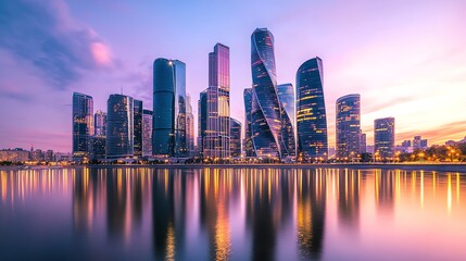 Obraz premium City skyline at dusk with skyscrapers and a river.