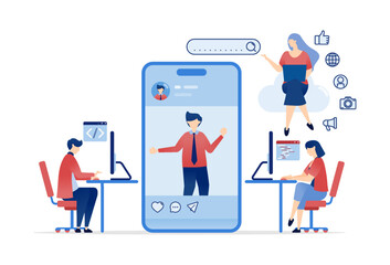 vector illustration of Social Media Development Using Cloud and Internet Technology. People Working Freelance Jobs, Engaging in Video Calls, and Creating Media Ads for Digital Platforms