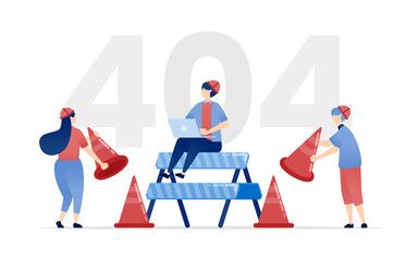 vector illustration of 404 Not Found or Under Construction. People in Construction Project Gear Illustrating Duration of Development or Website Building for an Engaging User Experience