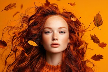 studio portrait of a serene woman with long, flowing auburn-red hair adorned with autumn leaves in shades of orange, yellow, and brown, wearing a mustard sweater against a golden-yellow background