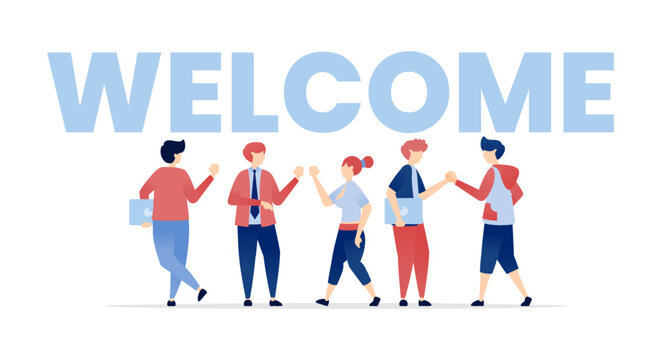 vector illustration of Large Welcome Text with Friendly Young Men and Women Below, Greeting and Welcoming Users, Perfect for Homepage and Website Opening for Online Platforms