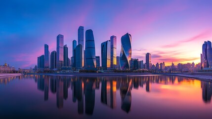 Fototapeta premium Moscow skyline at dusk with a beautiful sunset.