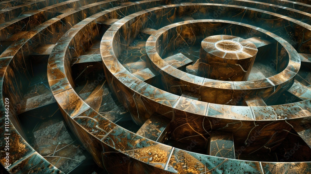 Poster a detailed spiral labyrinth design with intricate patterns and textures.