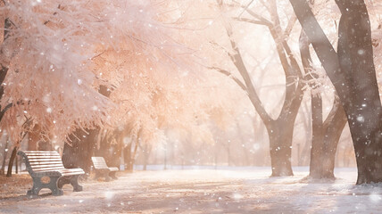 Fototapeta premium snowfall winter landscape, park bench, abstract background copy space, blurred light white snow falling, christmas postcard view