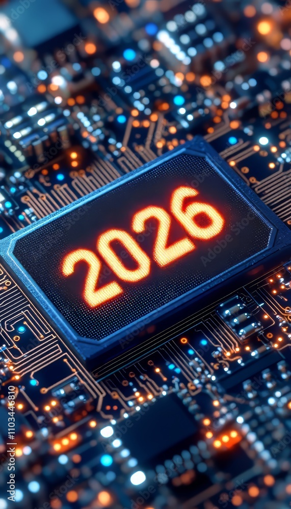 Poster electronic circuit board with 2026 integrated circuit representing advancements in technology.