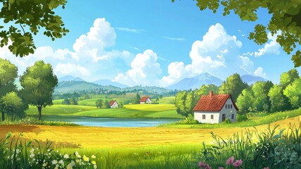 Rural Landscape with Houses, Lake, and Mountains Under a Cloudy Sky