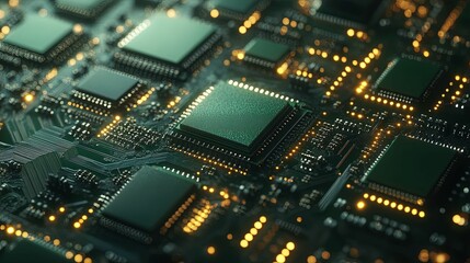 Obraz premium Illuminated Circuit Board Showing Multiple Microchips