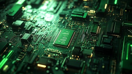 Obraz premium Green Circuit Board Shows Integrated Microchip Technology