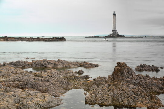 Phare de Goury Lighthouse in the Raz Blanchard-Alderney Race strait next to Cap la Hague, Cotentin Peninsula NW tip, Normandy. La Hague-France-049