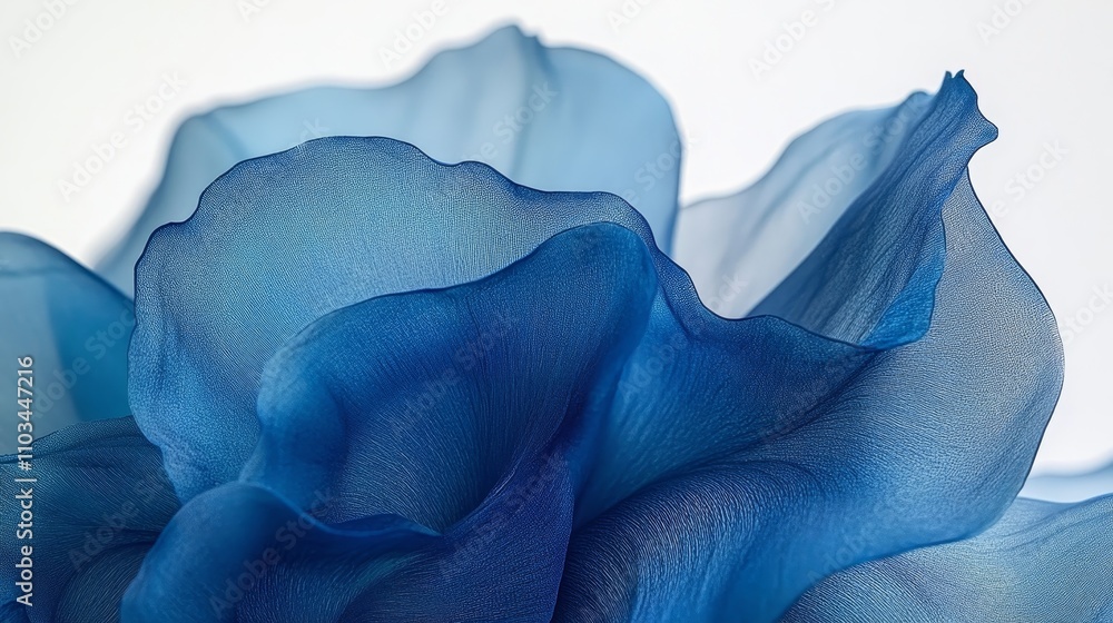 Poster abstract background with blue translucent fabric flowing in gentle waves, lit by soft light