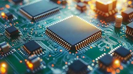 Obraz premium Integrated Circuit Board Shows Complex Microchip Technology