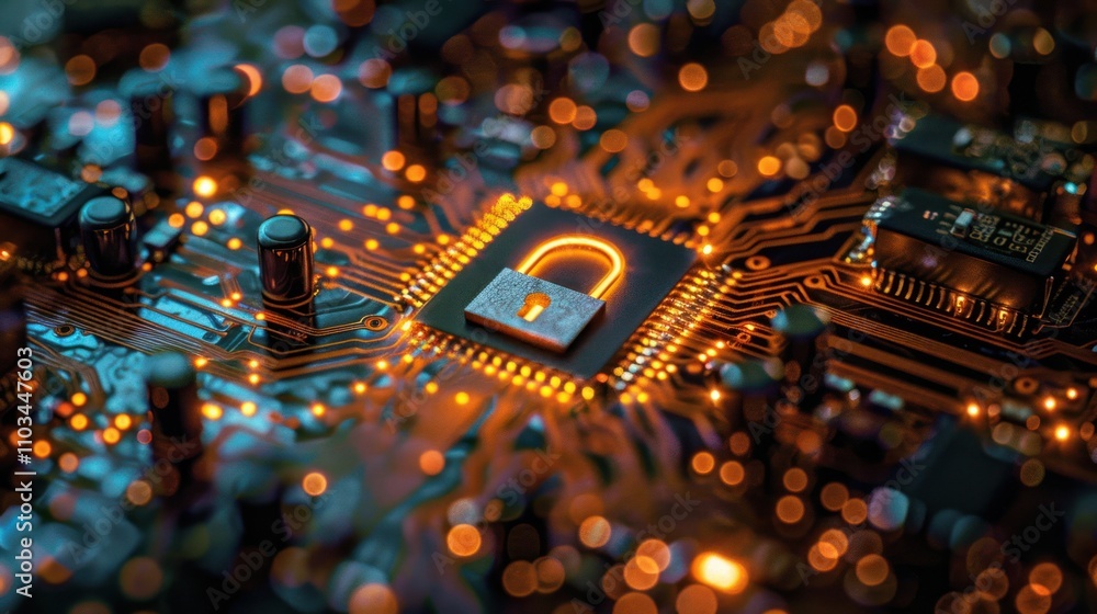 Poster a close-up of a circuit board with a glowing padlock symbol, representing cybersecurity.