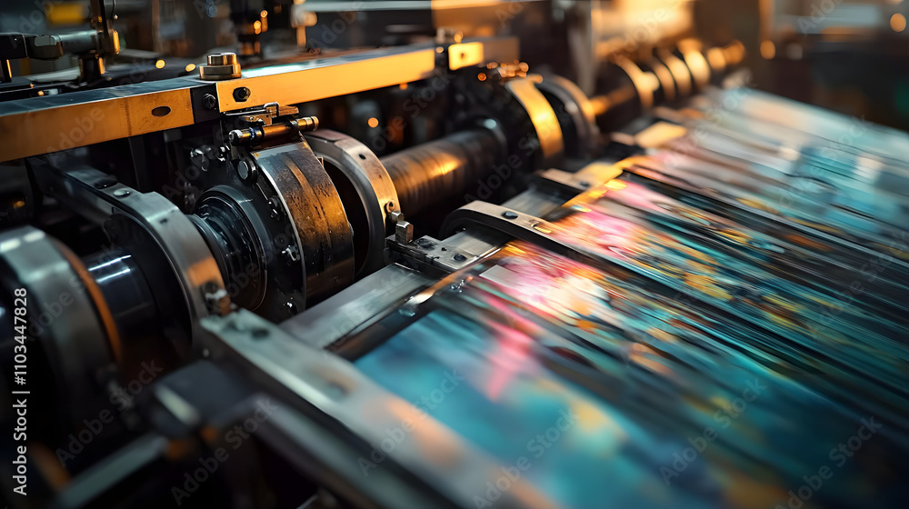 Poster close-up of a press printing machine in operation of printing in color. printing house, publishing i