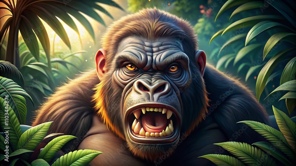 Poster captivating macro photography of an angry gorilla cartoon character showcasing expressive features a