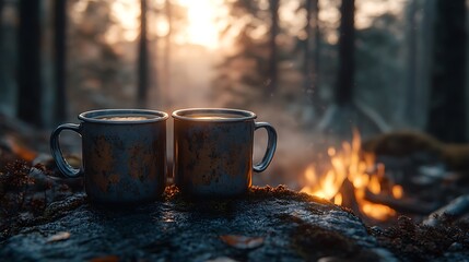 Toasting with enamel mugs of coffee by a campfire at dawn, a soft mist settling over the forest, Canon camera capturing sharp mug details and the gentle warmth of the fire,