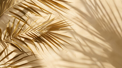 Palm leaf shadow on beige background. Copy space, summer concept. Selective focus.
