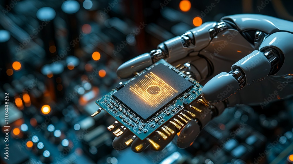 Poster robotic hand holding advanced computer microchip