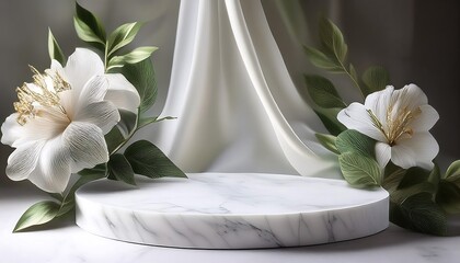 Elegant floral arrangement with white flowers and green leaves on a marble platform with draped fabric.