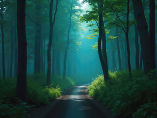 Fototapeta premium Empty road leading through foggy forest in summer