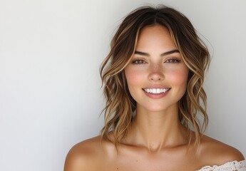 Obraz premium A smiling woman with wavy hair against a neutral background, showcasing natural beauty.